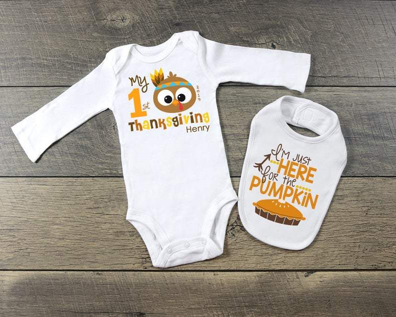 Personalized My First Thanksgiving Outfit for Baby Girl Turkey One Piece and Bib Set