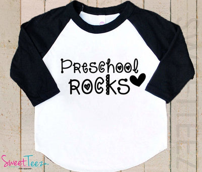 Preschool Rocks Shirt Boy Girl Shirt Kids Raglan Shirt - SweetTeez LLC