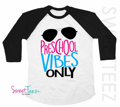 Preschool Shirt Hip Shirt Preschool  Vibes Only Girl Boy Shirt Sunglasses Black Kids Hip Raglan Shirt Back to School - SweetTeez LLC