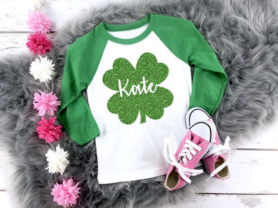 St Patricks Day Shirt Girls , Personalized Girls St Patricks Day Shirts , Shamrock Shirt , Green Glitter Shamrock Shirt , Personalized Top - SweetTeez LLC