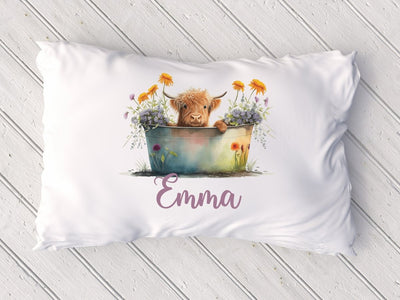 Toddler pillowcase, With Name, Gift For Girl, Travel Pillow With Highland Cow and Sunflowers - SweetTeez LLC