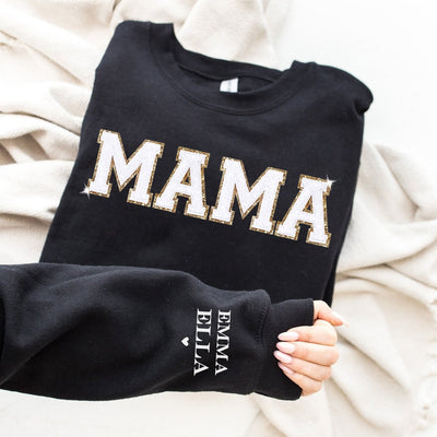 Trendy Chenille Patch Sweatshirt - Mama Crewneck - With Kids Names - Varsity Shirts - Glitter Mama Shirt - Embroidered Sweatshirt - SweetTeez LLC