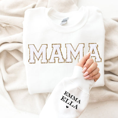 Trendy Chenille Patch Sweatshirt - Mama Crewneck - With Kids Names - Varsity Shirts - Gold Glitter Mama Shirt - Embroidered Sweatshirt - SweetTeez LLC