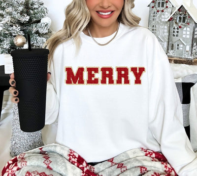Trendy Chenille Patch Sweatshirt - Merry Crewneck - Varsity Shirts - Women's Christmas Crewneck - Glitter Shirt - Embroidered Sweatshirt - SweetTeez LLC