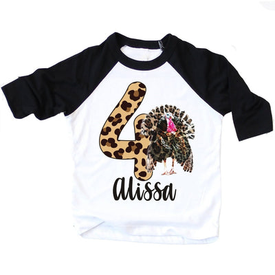 turkey birthday shirt for girls leopard print shirt for 4th birthday thanksgiving fall - SweetTeez LLC