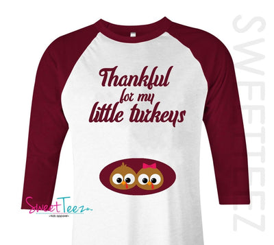Turkey Shirt Thanksgiving Shirt Twins Turkey Maternity Adult Shirt Maroon Raglan Pregnancy Announcement Shirt - SweetTeez LLC