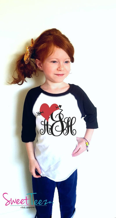 Valentine's Day Shirt Monogram Shirt Heart Arrow Kids Shirt Hip Black Red Raglan Shirt Raglan Shirt Toddler Youth Shirt Gift for Girl - SweetTeez LLC